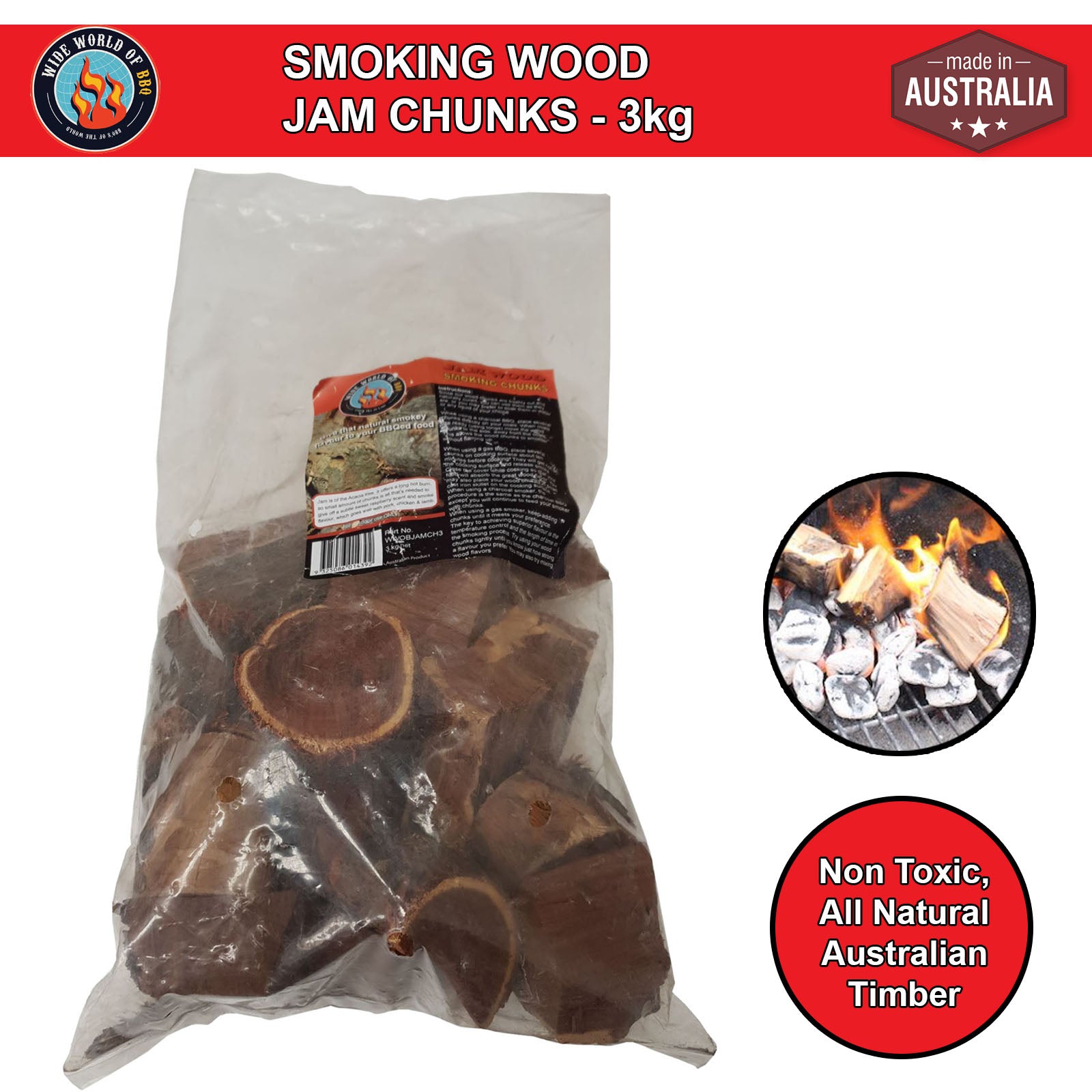 Outdoor Magic - Smoking Jam Wood Chunks 3kg - OMJAMCH3 Smokey Taste Flavor Meat Vegetables BBQ Aroma- OMJAMCH3